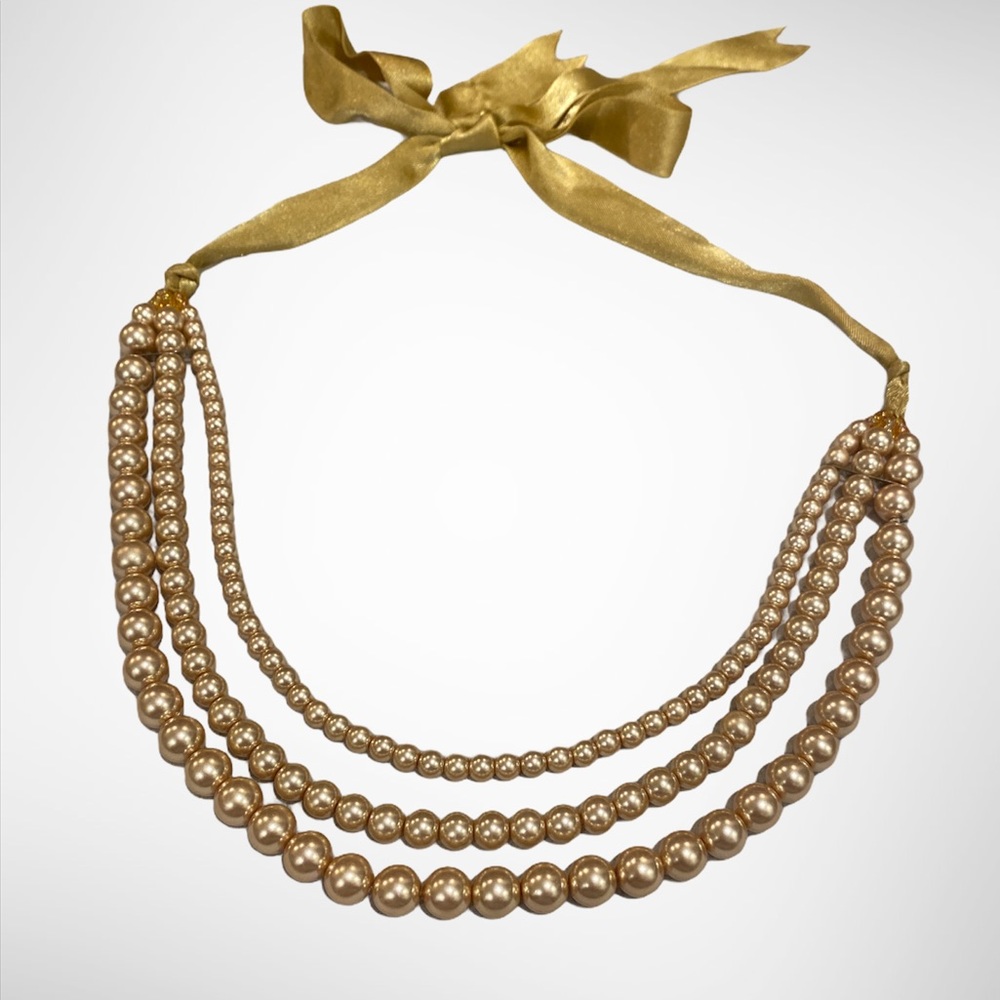 Vintage 3 string layered faux pearl gold ribbon necklace